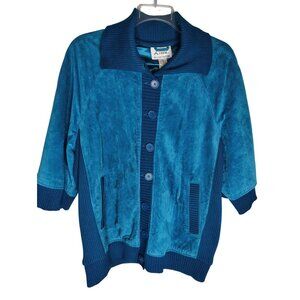 Vintage Línea By Louis Dell’olio 1X Teal Blue Leather Cotton Cardigan Sweater
